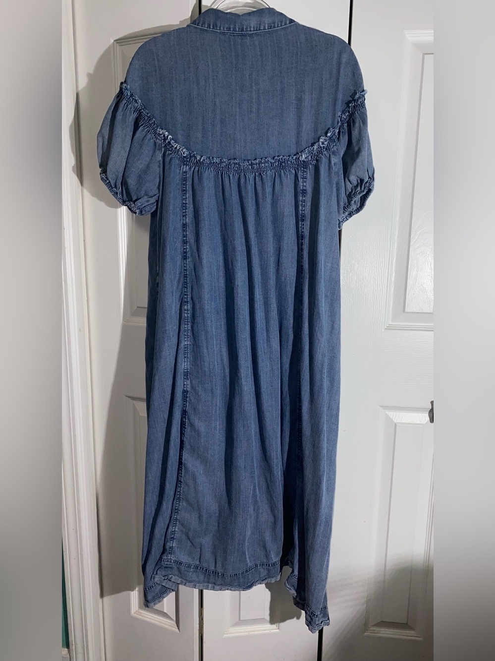Easel Blue Denim Summer Boho Midi Dress Button M Puff Sleeve AA20 - Picture 6 of 10